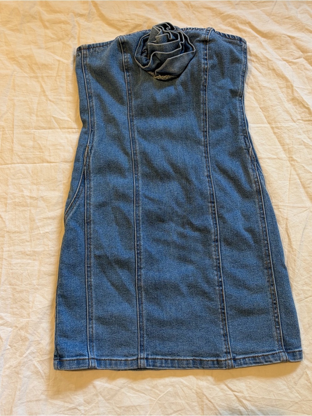 Forever 21 Strapless Denim Dress with Rolled Rosette - Blue